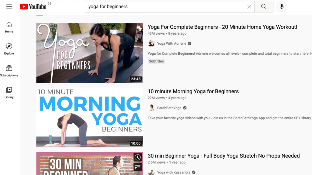 Yoga for beginners on YouTube